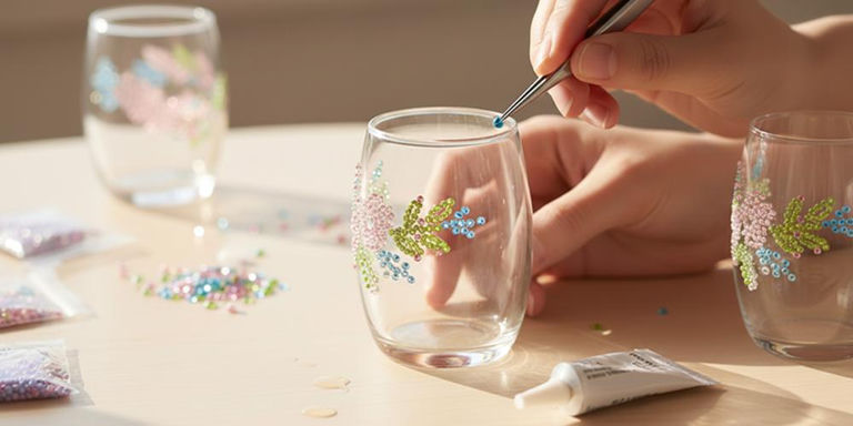Hand applying pastel rhinestones to a clear glass candle holder