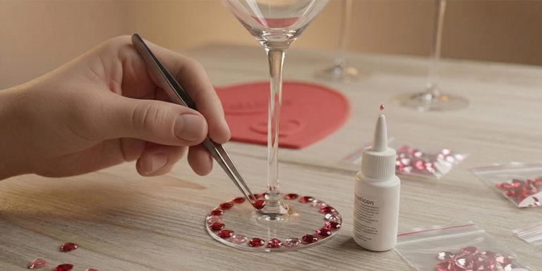 Hand placing red rhinestones around the base of a martini glass