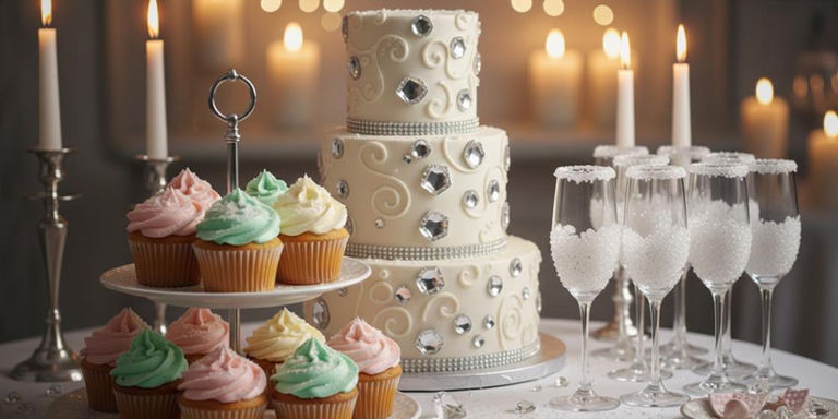 Jeweled white tiered cake with pastel cupcakes and sparkling champagne flutes