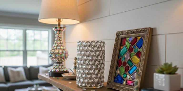 Étagère décorative avec vase en perles de cristal, lampe ornée de strass et cadre mosaïque coloré
