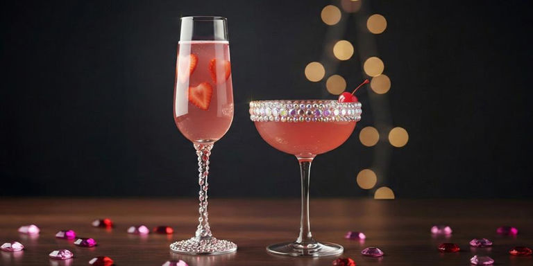 Rhinestone-decorated champagne flute and coupe filled with pink cocktails