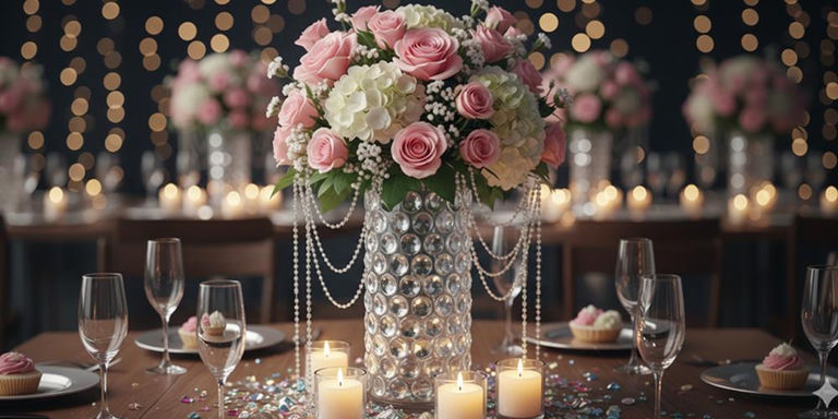 Floral party centerpiece in a rhinestone vase with pearls and candlelit table decor