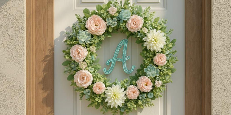 Floral spring wreath with a beaded letter A hanging on a front door