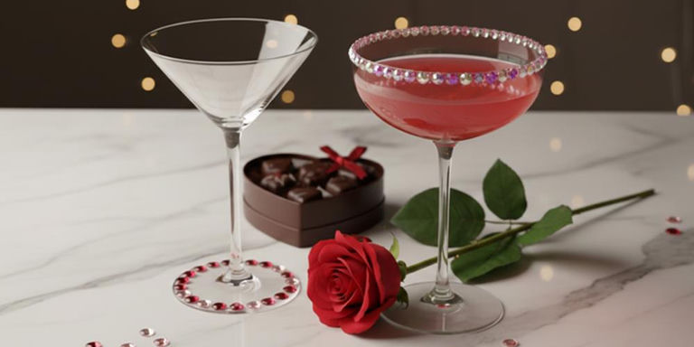 Empty martini glass beside a pink rhinestone-rimmed coupe with a rose and chocolates