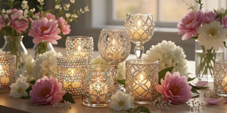 Lit jeweled candle holders arranged with pink and white flowers