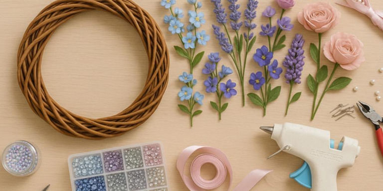 Grapevine wreath, flowers, ribbon, and embellishments for a DIY spring wreath