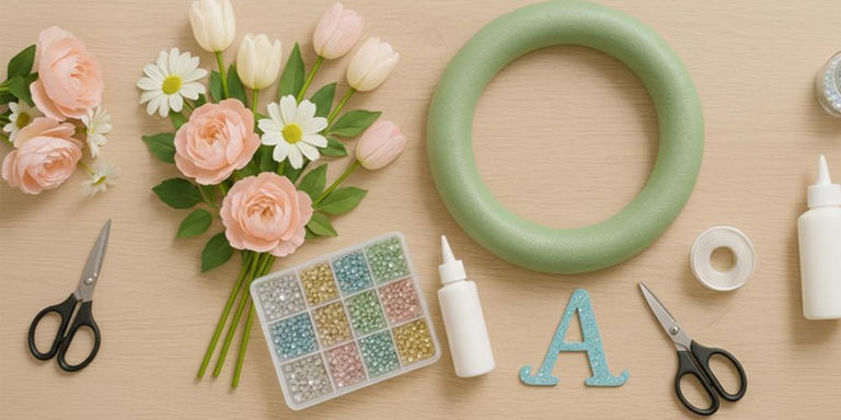 Spring wreath supplies with pastel flowers, rhinestones, and a glitter letter A