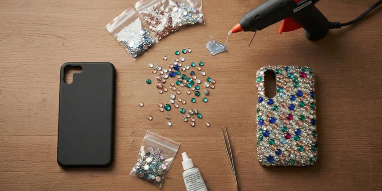 Relooking DIY de coque de téléphone avec strass, pistolet à colle et coque ornée terminée