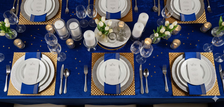 Table élégante bleu et or avec sets de table perlés dorés, assiettes blanches et verres à pied en cristal