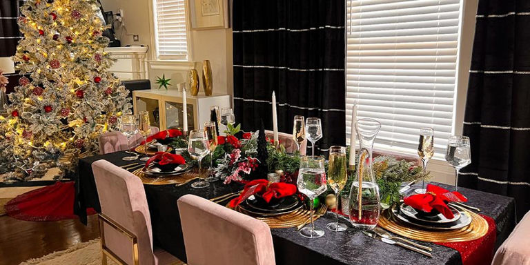 Elegant Christmas table with sparkling placemats rhinestone decor and festive lighting