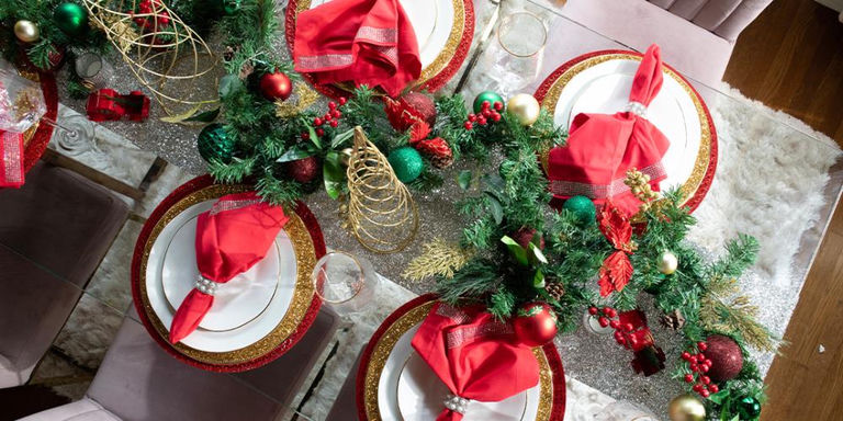 Christmas appetizer display with rhinestone charger plates and sparkling tableware