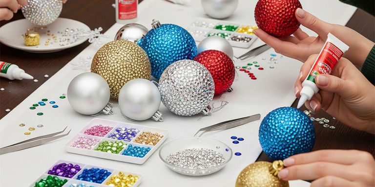 Hands crafting holiday ornaments at table with colorful rhinestone-covered baubles in gold, blue, red, and silver, plus organized rhinestone trays and craft supplies