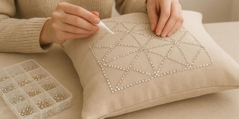 Mains appliquant des strass argentés avec un outil de préhension pour créer un motif de losanges géométriques sur un coussin en lin beige, avec un plateau de strass organisé à proximité