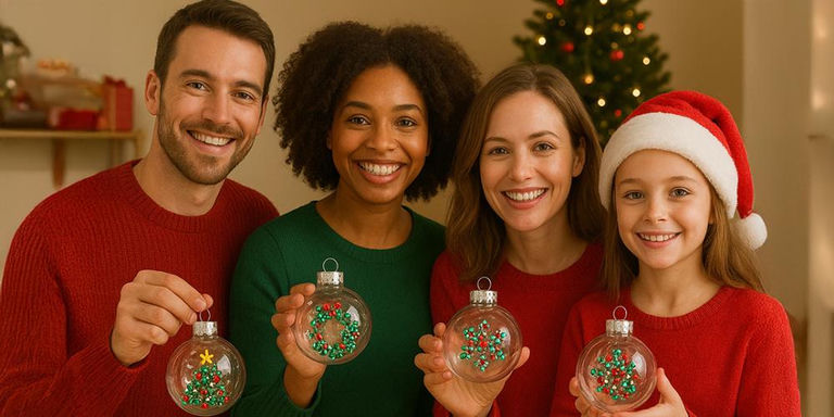 Happy diverse family of four in festive red and green sweaters holding handmade rhinestone ornaments in front of decorated Christmas tree