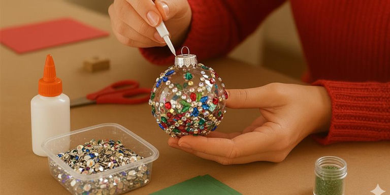 Hands using glue applicator to add multicolored rhinestones to clear glass ornament ball, with craft supplies and rhinestone container on table