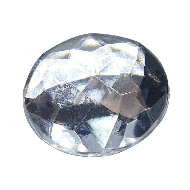 Clear flat-backed acrylic rhinestone with a faceted rounded top resembling a disco ball showcasing a shiny surface.