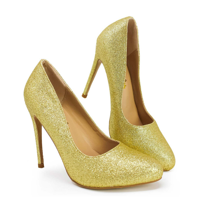 Gold glitter high heels with a pointed toe 3-inch stiletto heel and a smooth beige interior.