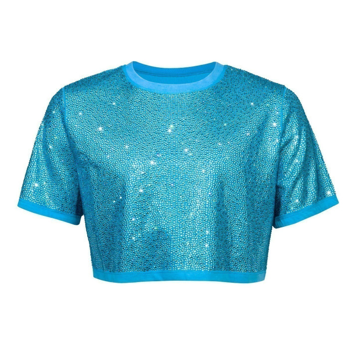 Aqua crop top with short sleeves covered in rhinestones featuring a solid aqua crew neckline and hem trim.