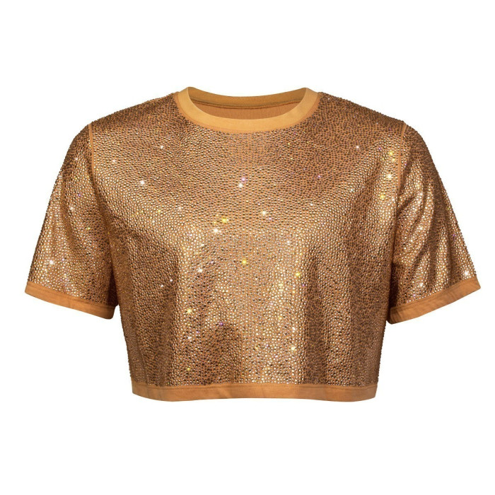 Gold crop top with short sleeves covered in rhinestones featuring a solid gold ribbed neckline and hem.