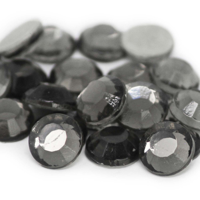 Faceted round glass rhinestones in shades of black and dark gray with a smooth glossy surface and strong glue backing.