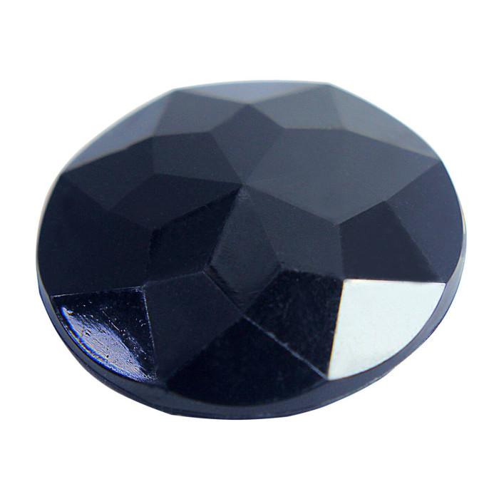 Large jet black acrylic rhinestone with a faceted rounded top and flat back featuring a shiny surface and geometric pattern.