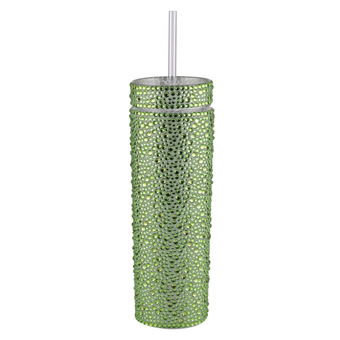 Lime green tumbler covered in rhinestones with a clear straw and a smooth metallic finish.
