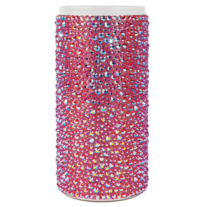 Red iridescent stainless steel can insulator covered in sparkling crystals with a white top and smooth base.
