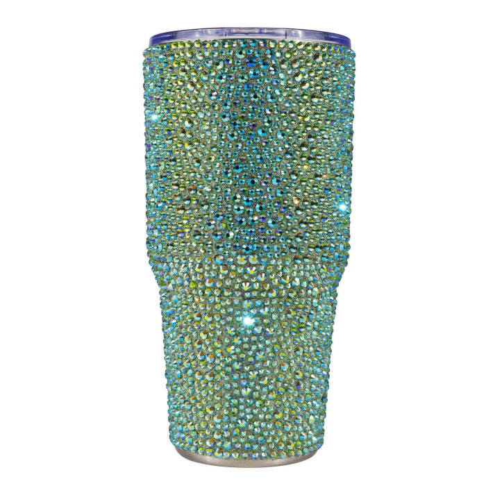 Lime iridescent stainless steel tumbler covered in rhinestones with a smooth metallic base and a clear lid.