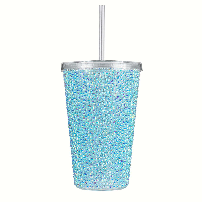 Aqua iridescent tumbler covered in rhinestones with a silver lid and straw made of BPA-free acrylic 16 oz capacity.