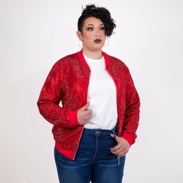 Strass Rhinestone Bomber Jacket - Red - Large