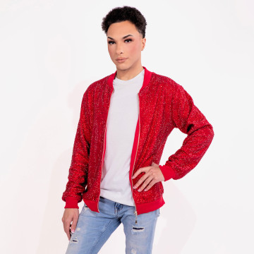 Strass Rhinestone Bomber Jacket - Red - Small