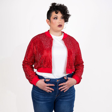 Strass Rhinestone Cropped Bomber Jacket - Red - Extra Large
