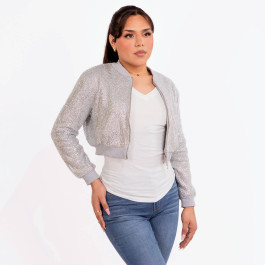 Strass Rhinestone Cropped Bomber Jacket - Silver - Extra Large