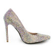 Aqua high-heeled pump covered in shimmering glass rhinestones with a pointed toe and a rubberized sole.
