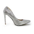Aqua high-heeled pump covered in shimmering glass rhinestones with a pointed toe and a rubberized sole.