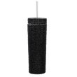 A tall silver tumbler covered in rhinestones with a clear straw and a smooth shiny surface.