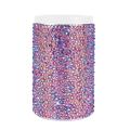 Aqua stainless steel can insulator covered in glass rhinestones with a white acrylic lid and a textured surface. Aqua stainless steel can insulator covered in glass rhinestones with a white acrylic lid and a textured surface.