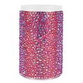 Aqua stainless steel can insulator covered in glass rhinestones with a white acrylic lid and a textured surface.