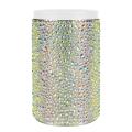 Aqua stainless steel can insulator covered in glass rhinestones with a white acrylic lid and a textured surface. Aqua stainless steel can insulator covered in glass rhinestones with a white acrylic lid and a textured surface.