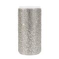 Tall can insulator covered in aqua crystals with a stainless steel body and white top featuring a smooth shiny texture.