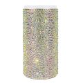 Tall can insulator covered in aqua crystals with a stainless steel body and white top featuring a smooth shiny texture.