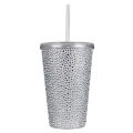 A pink acrylic tumbler covered in rhinestones featuring a silver lid and straw with a textured sparkling surface.