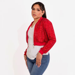 Strass Rhinestone Cropped Bomber Jacket - Red - Medium