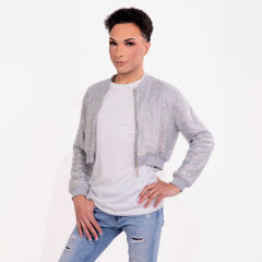 Strass Rhinestone Cropped Bomber Jacket - Silver - Small