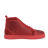 Red high-top sneakers made of leather and suede adorned with glass rhinestones featuring a smooth texture and rubber sole.