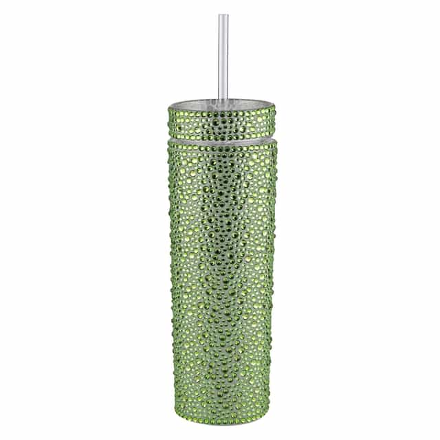A tall silver tumbler covered in rhinestones with a clear straw and a smooth shiny surface. A tall silver tumbler covered in rhinestones with a clear straw and a smooth shiny surface.