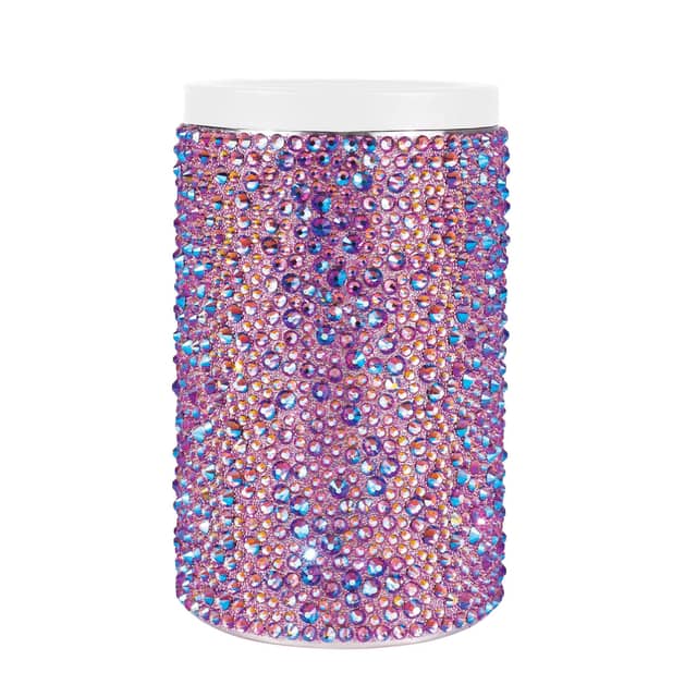 Aqua stainless steel can insulator covered in glass rhinestones with a white acrylic lid and a textured surface.
