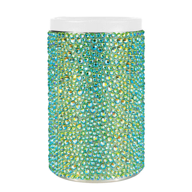 Aqua stainless steel can insulator covered in glass rhinestones with a white acrylic lid and a textured surface.