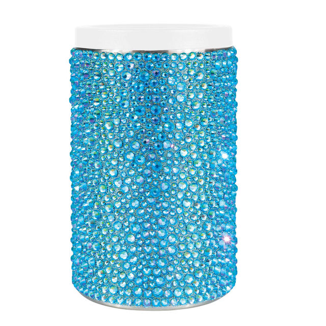 Aqua stainless steel can insulator covered in glass rhinestones with a white acrylic lid and a textured surface. Aqua stainless steel can insulator covered in glass rhinestones with a white acrylic lid and a textured surface.