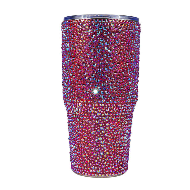 Rhinestone-encrusted double-walled stainless steel tumbler with a clear straw featuring a shimmering iridescent finish. Rhinestone-encrusted double-walled stainless steel tumbler with a clear straw featuring a shimmering iridescent finish.
